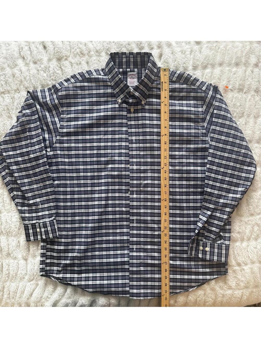 Brooks Brothers XL Plaid Button Down Shirt Non Iron Stretch Cotton Blue White Me - Picture 2 of 6